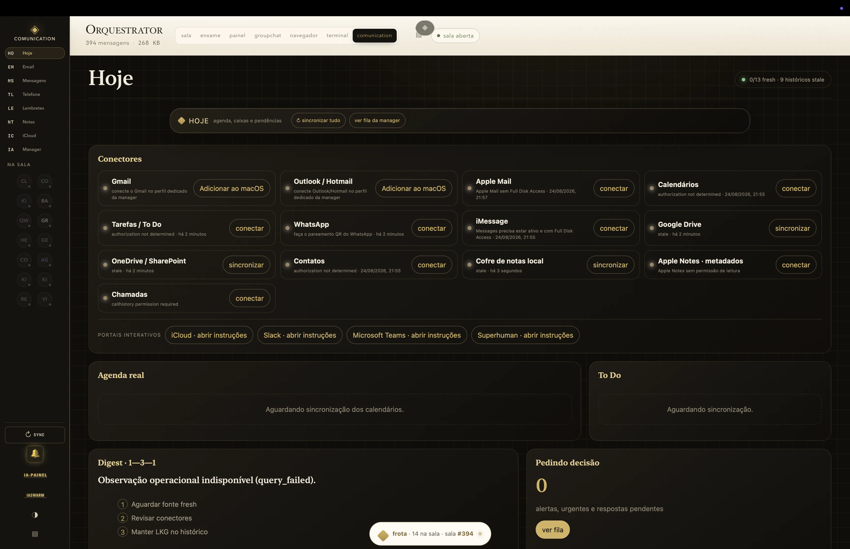 A aba Comunication: conectores, agenda real, digest 1—3—1 e a fila pedindo decisão