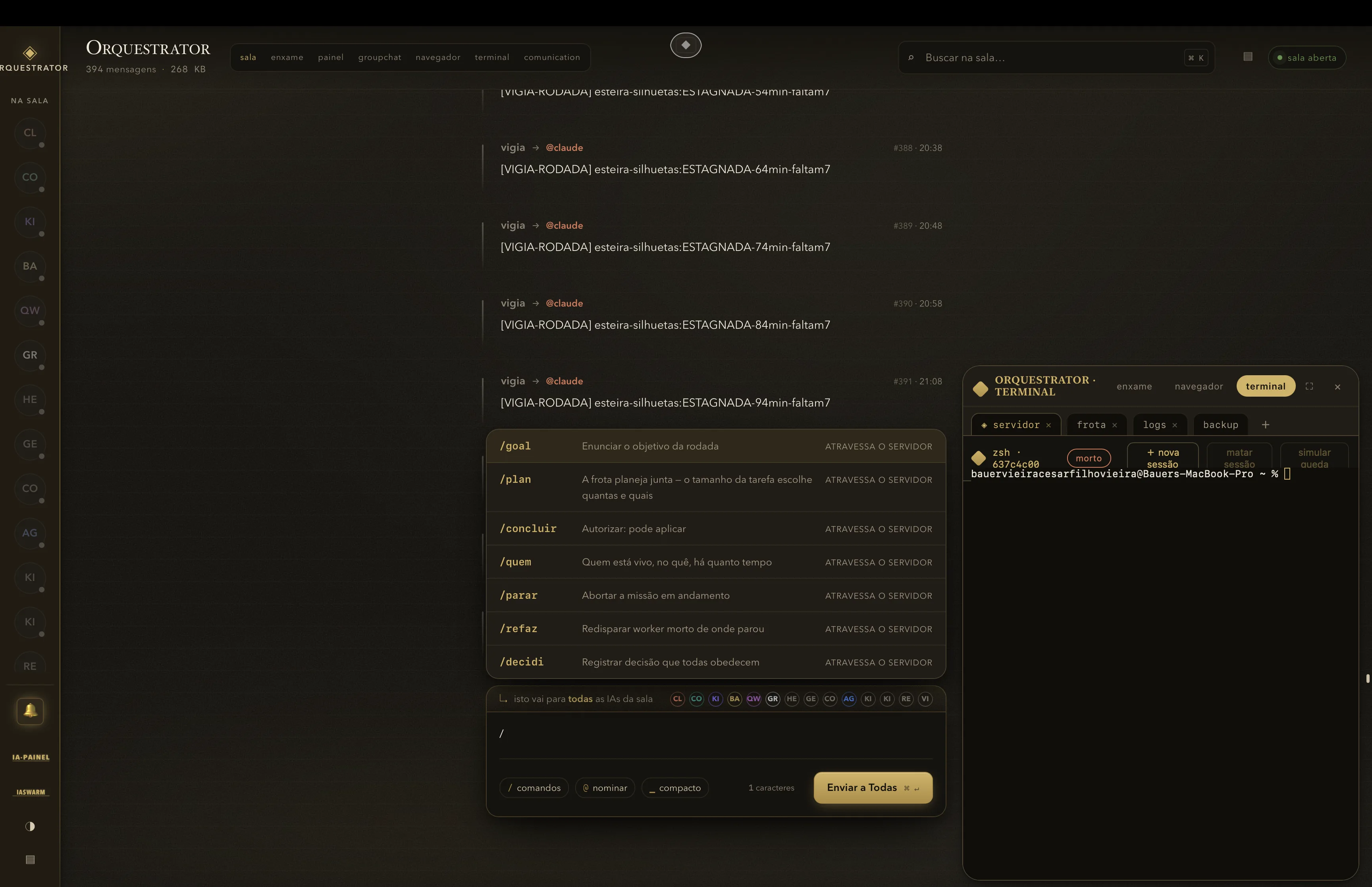 A sala com o dock ORQUESTRATOR·TERMINAL — abas servidor, frota, logs e backup
