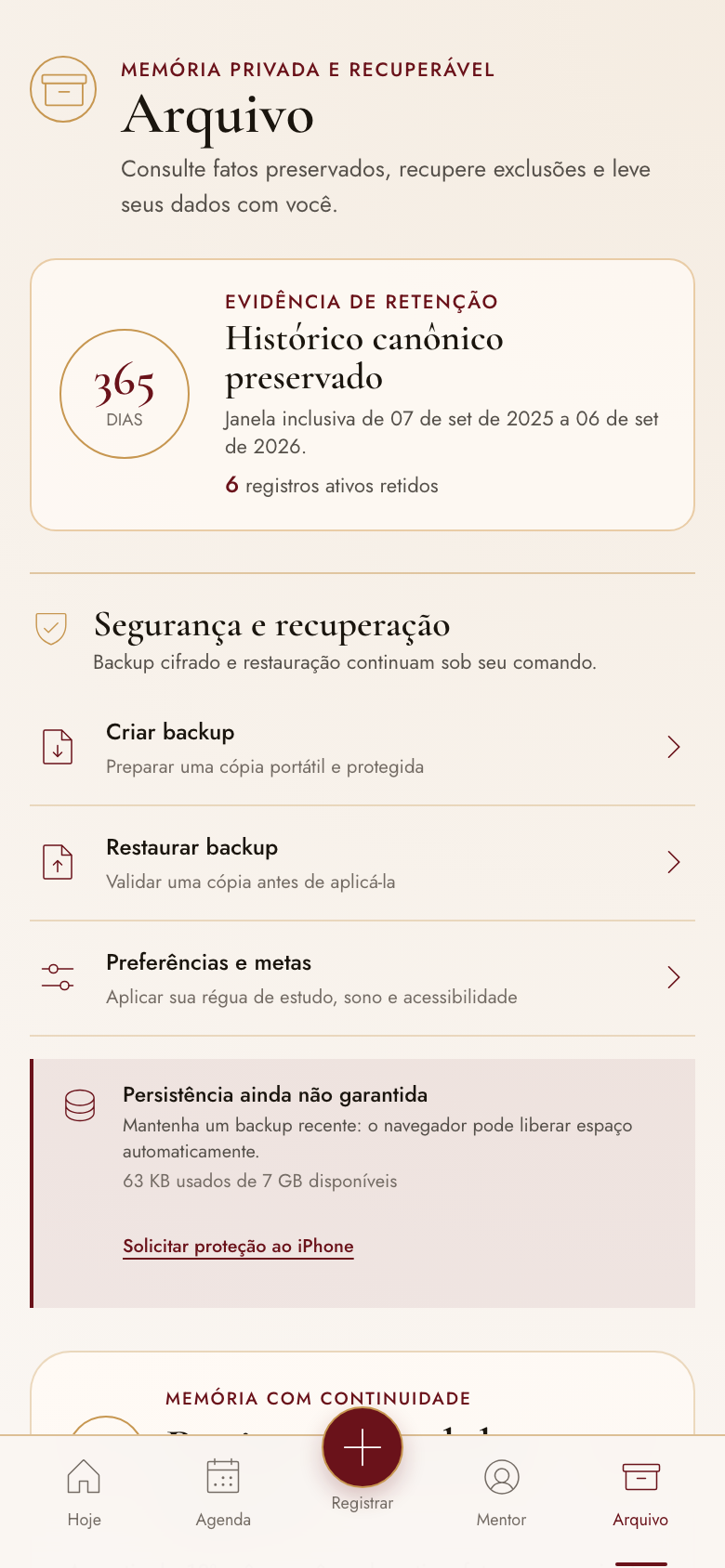 Aba Arquivo: backup e retenção