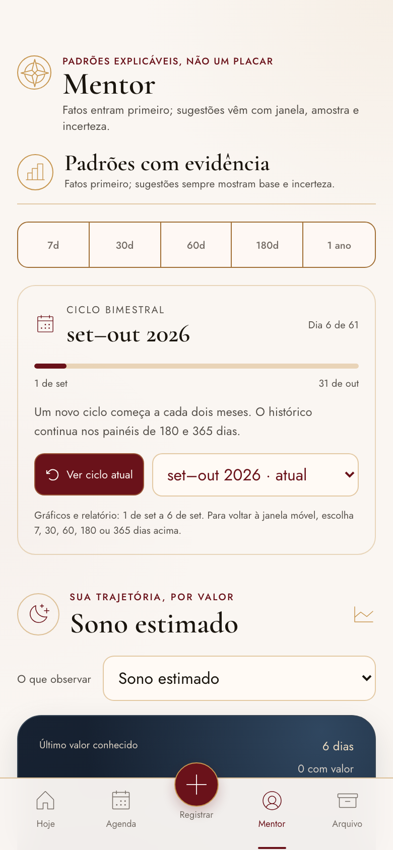 Aba Mentor: padrões com evidência