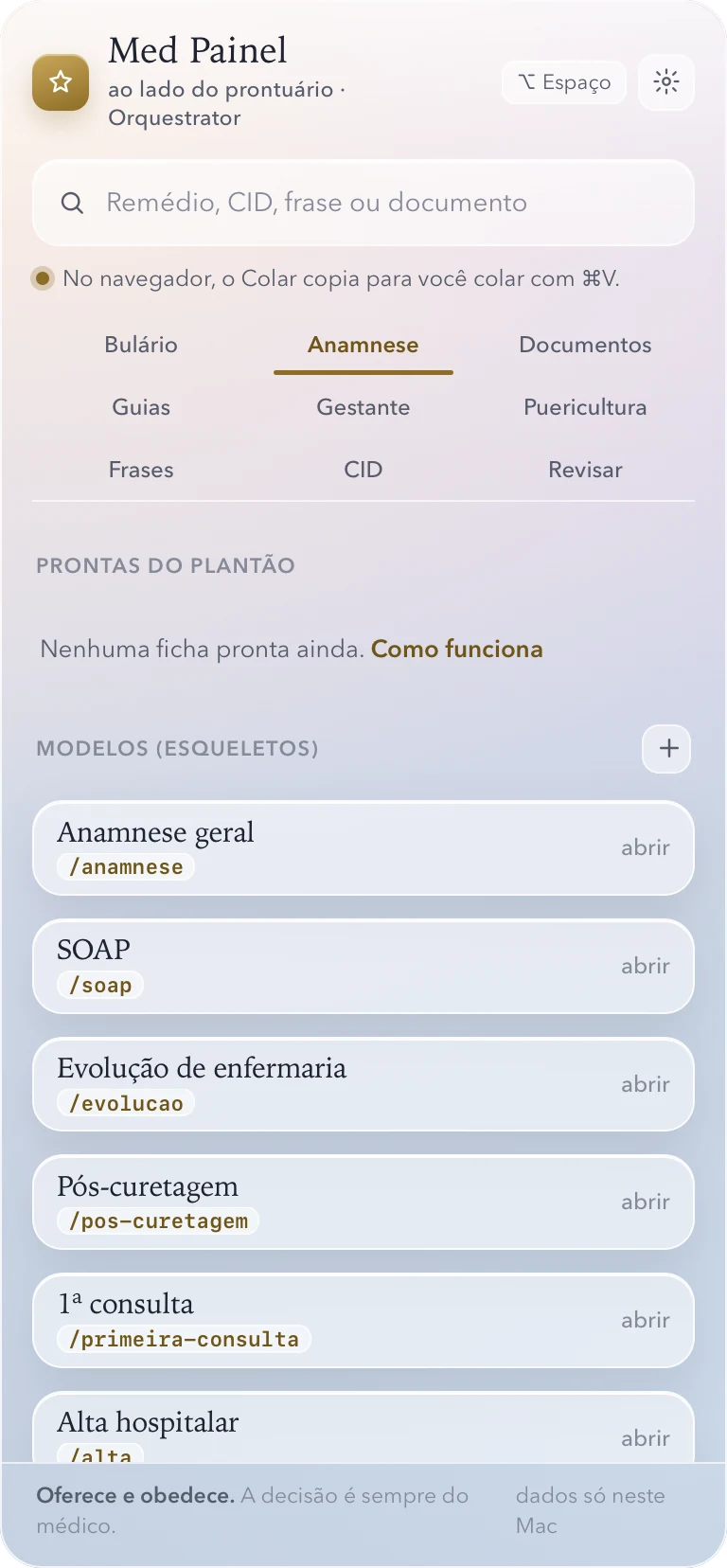 Med Painel na aba Anamnese: modelos que respondem a comandos como /anamnese e /soap
