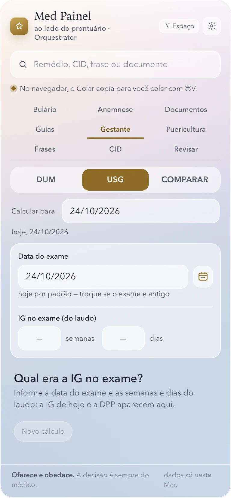 Med Painel na aba Gestante: idade gestacional por DUM, por ultrassom ou comparando os dois