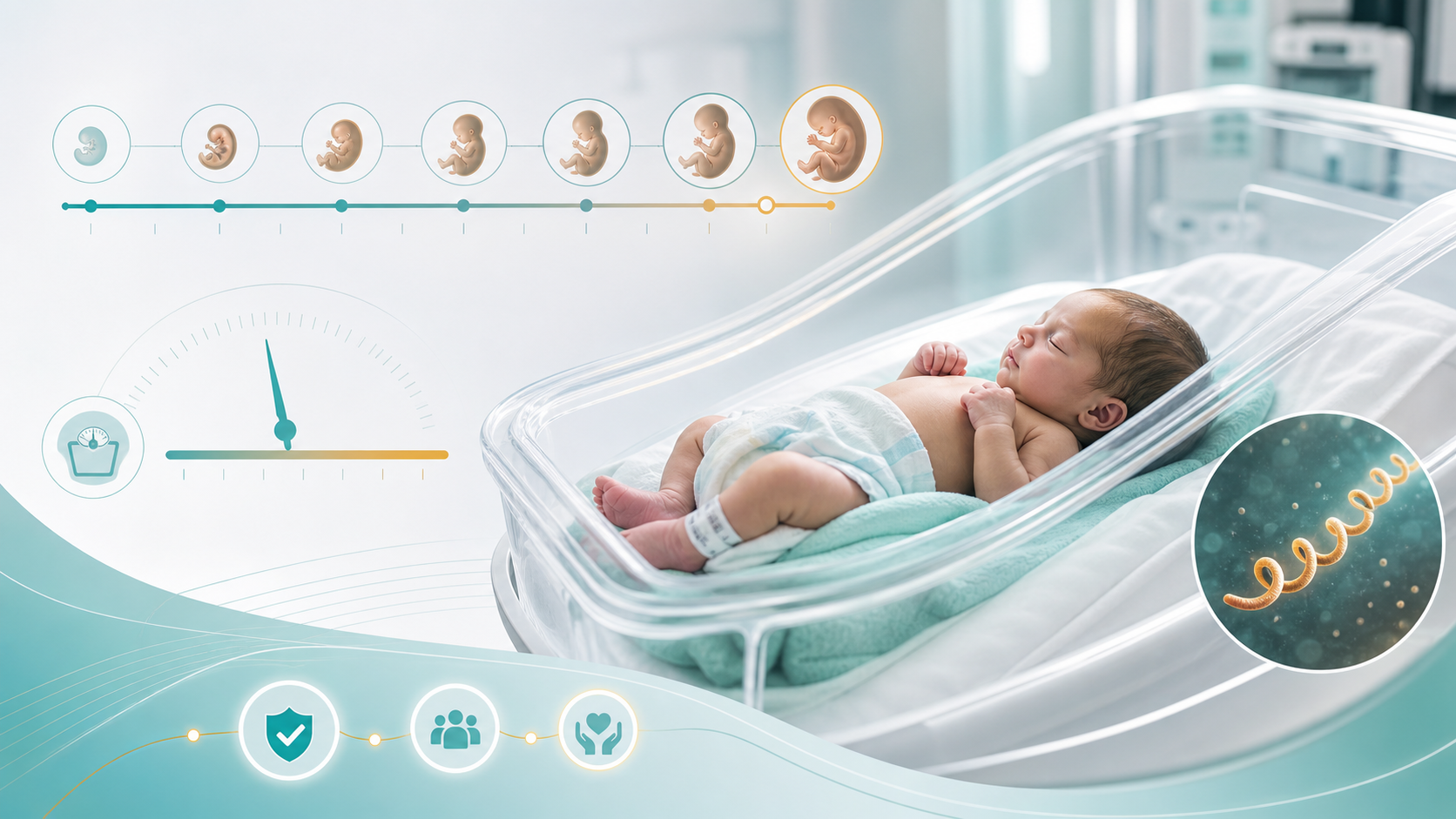 Arte gerada de recém-nascido em berço neonatal com linha gestacional, escala de peso e símbolo de infecção congênita.