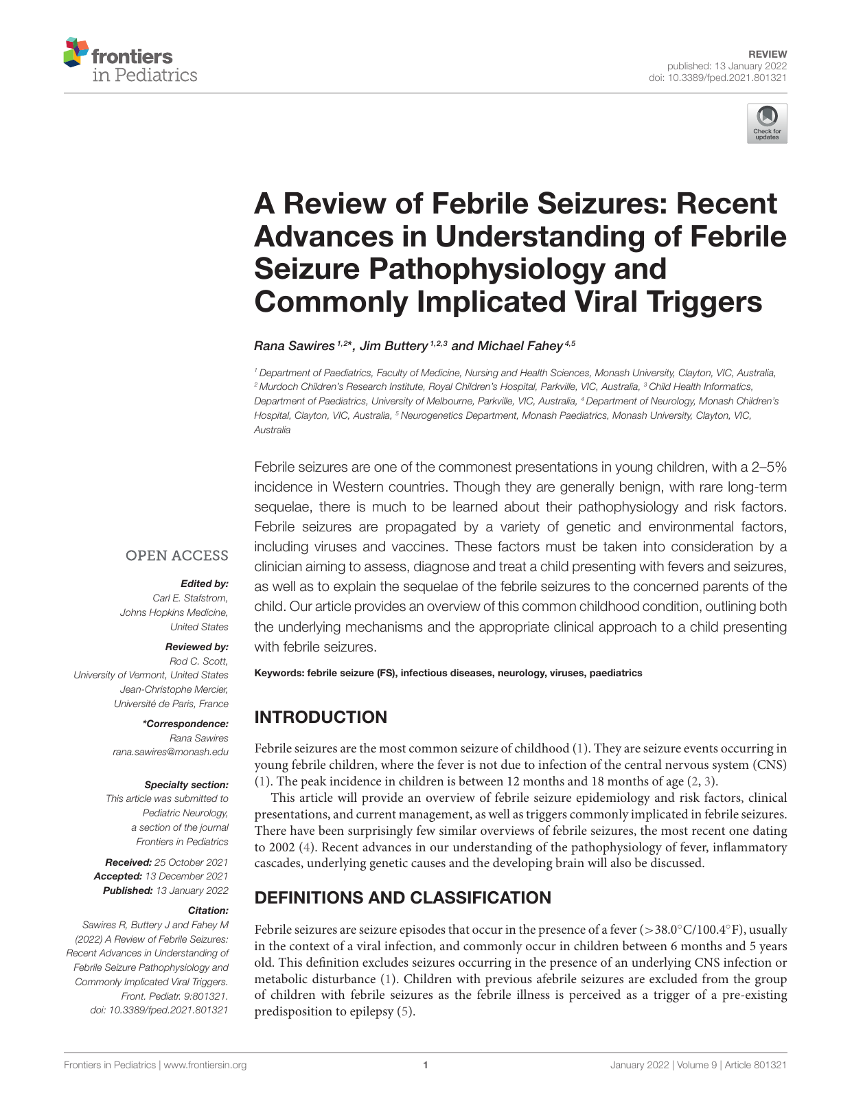 Página de diretriz/revisão da Frontiers in Pediatrics sobre fatores de risco de crise afebril e epilepsia após crise febril; tabela de fatores de risco da revisão de Sawires et al., 2022.
