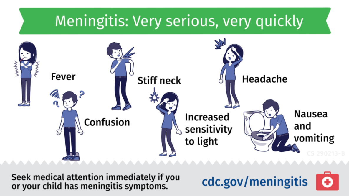 Infográfico do CDC sobre meningite com personagens ilustrados e os rótulos febre, rigidez de nuca, cefaleia, confusão, fotofobia, náuseas e vômitos; febre e rigidez de nuca aparecem juntas como sinais de alerta.