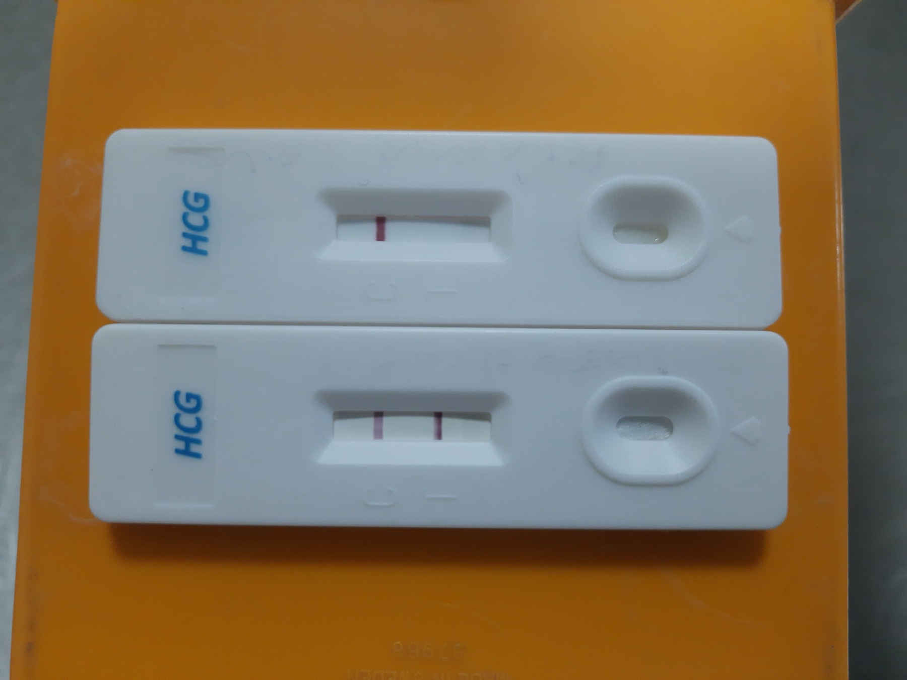 Dois testes urinários de gravidez: um com resultado positivo e outro negativo.