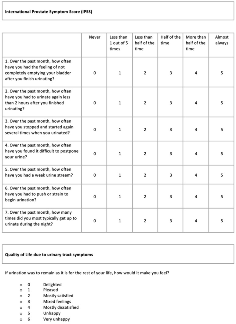 Questionário IPSS (International Prostate Symptom Score): tabela com sete perguntas sobre sintomas urinários, cada uma pontuada de zero a cinco, e uma pergunta separada de qualidade de vida pontuada de zero a seis.