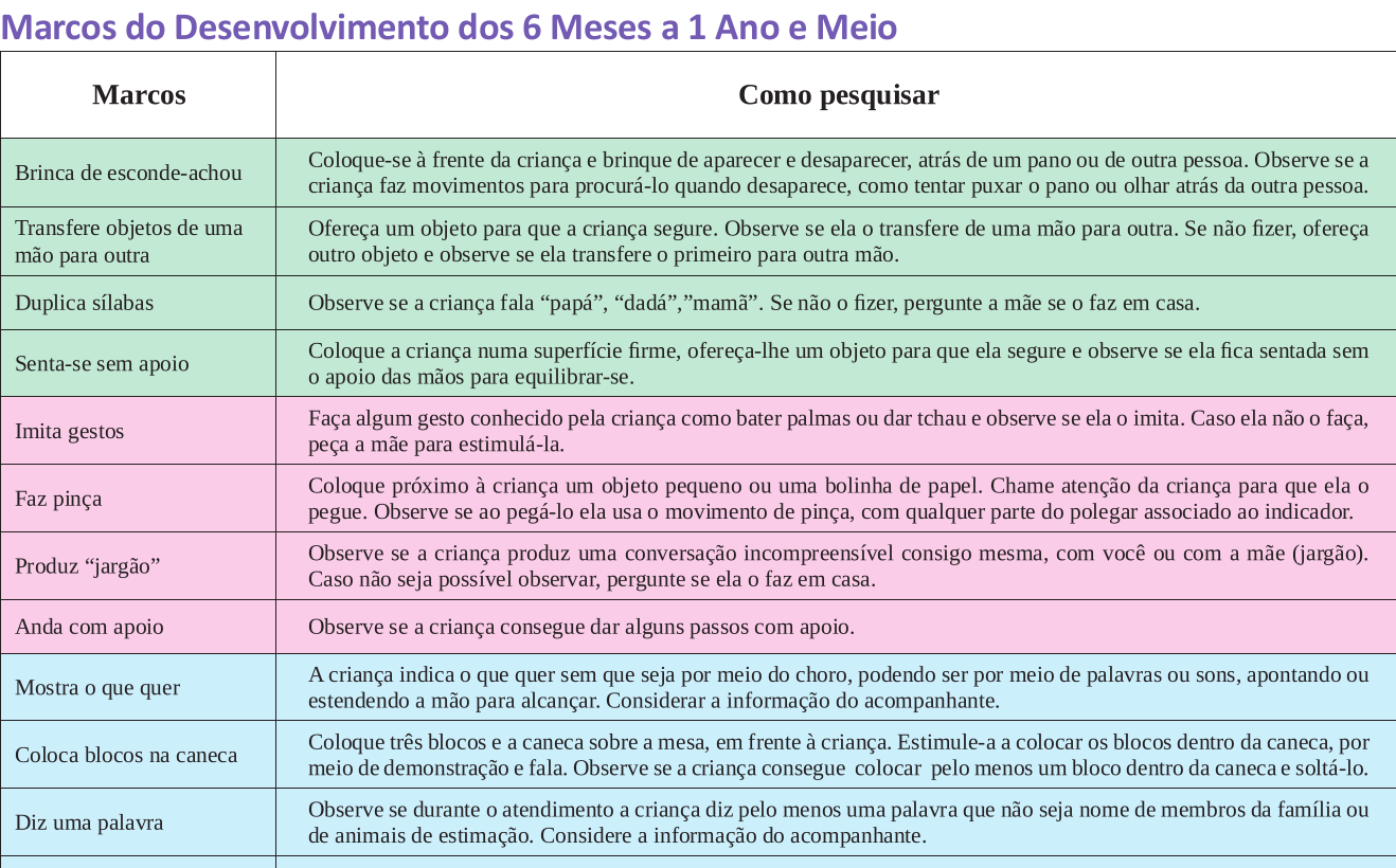 Recorte da Caderneta da Criança (Ministério da Saúde) com a coluna 